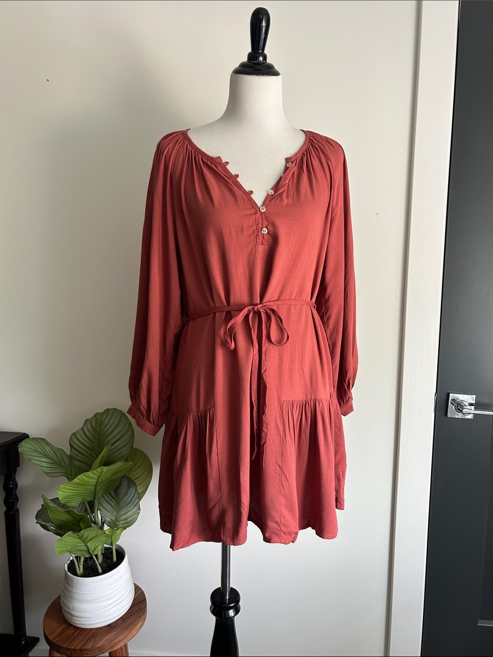 🆕 Bobi black S Rust Red Button-Front Tie-Waist fall 🍁🍂Mini Dress